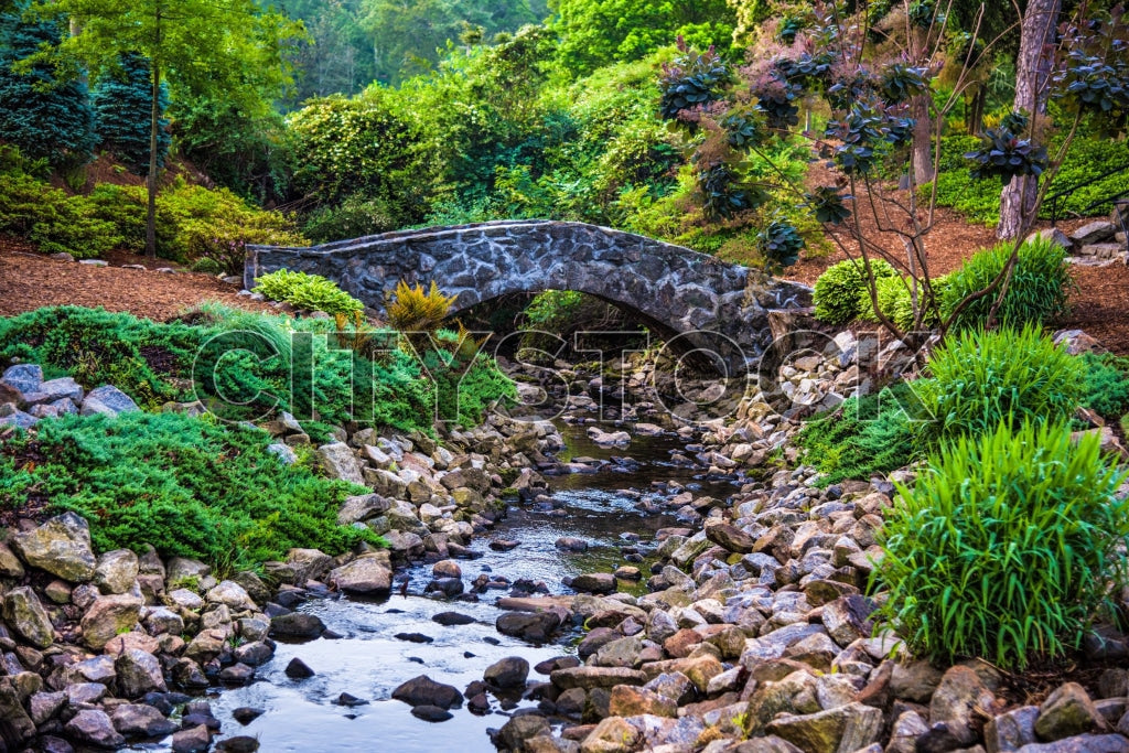 Stone bridge crossing a serene creek in lush Greenville, SC