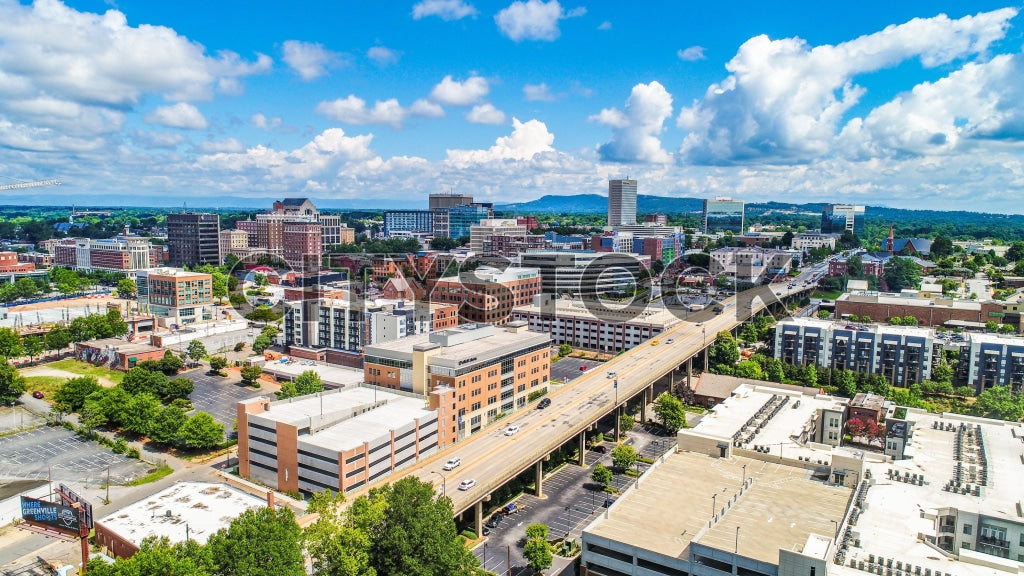 Aerial view of Greenville SC skyline on a sunny day