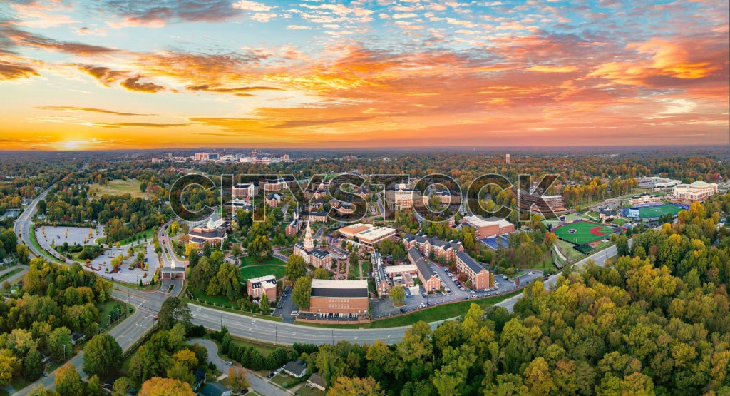 Aerial view of High Point, NC with sunset colors