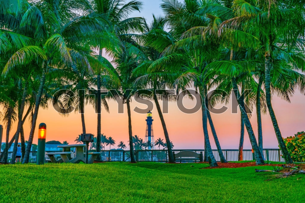 Serene sunset view at Hillsboro Beach with lighthouse and palm trees
