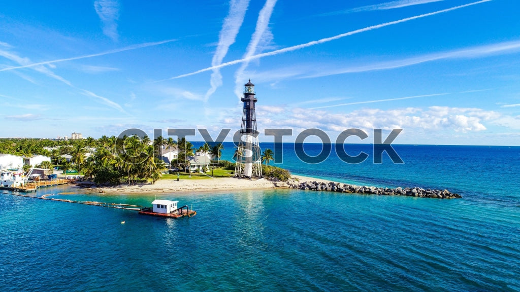 Aerial view of Hillsboro Beach Lighthouse, Florida with clear skies