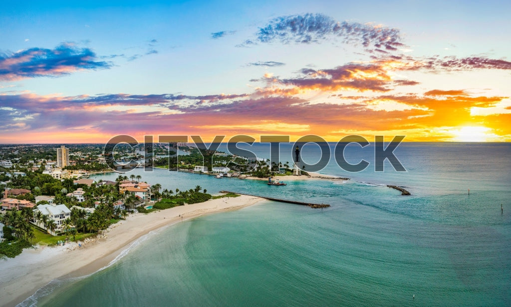 Aerial view of Hillsboro Beach, Florida during sunset with ocean and residential area