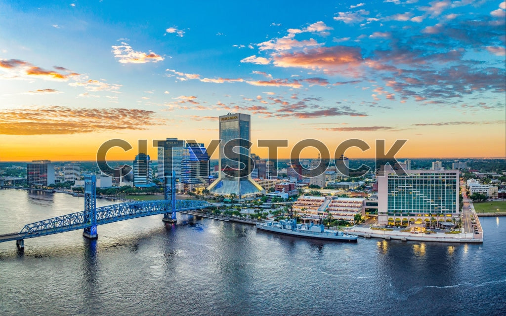 Jacksonville cityscape at sunrise with St. Johns River view