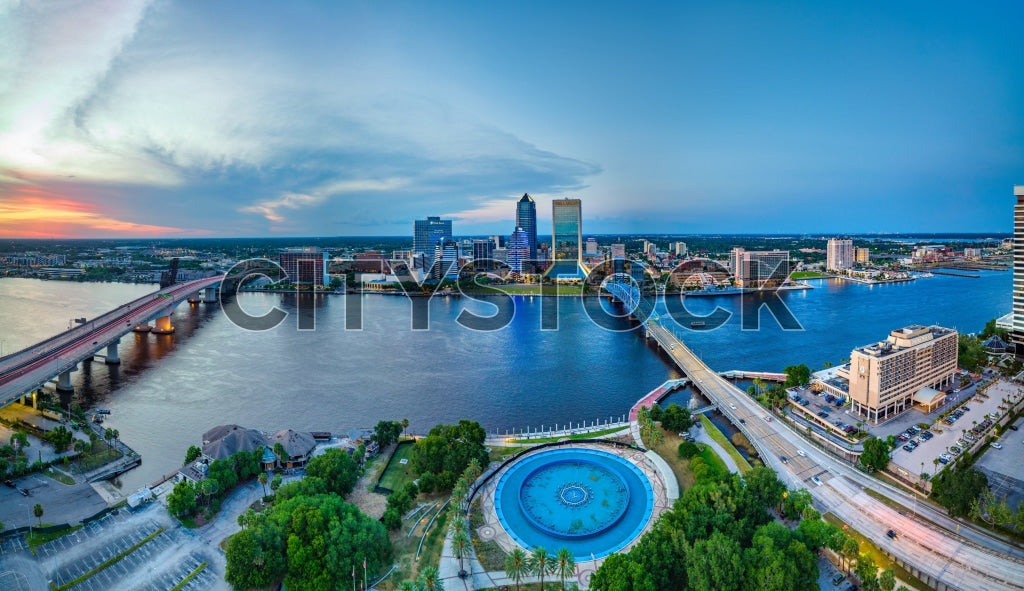 Aerial view of Jacksonville skyline and St Johns River at sunset