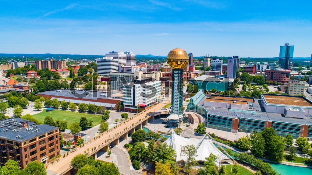 Aerial photograph of Knoxville skyline with clear blue sky