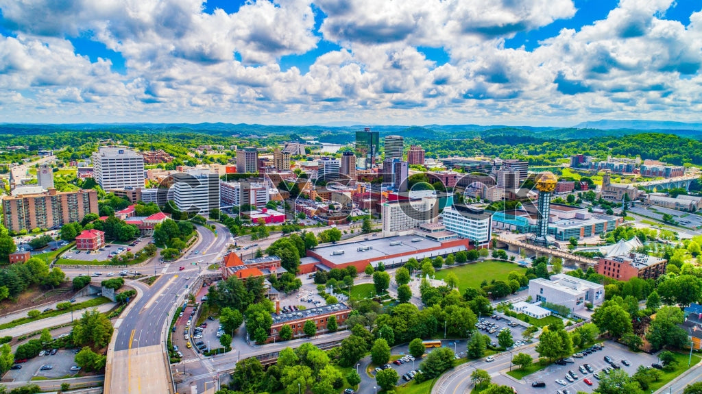 Aerial view of Knoxville TN showcasing cityscape and nature