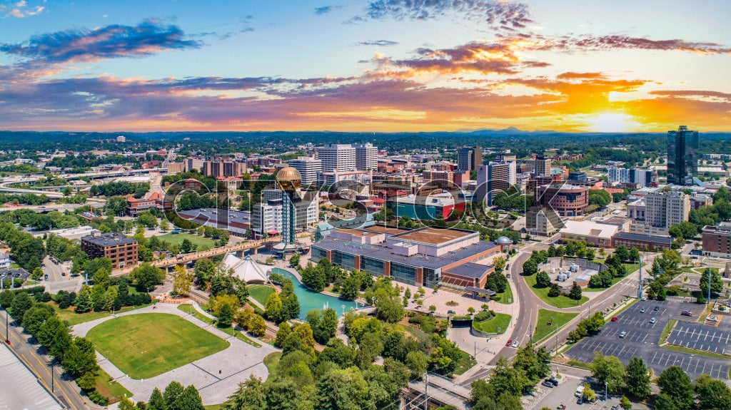 Aerial View of Knoxville TN at Sunset with Vibrant Colors