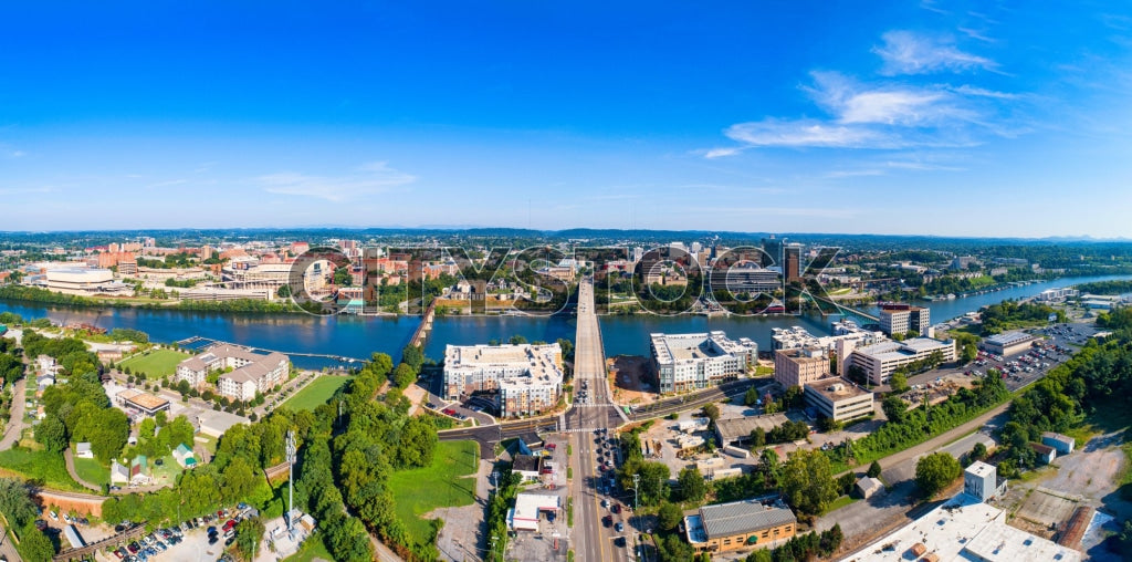 Aerial view of Knoxville, Tennessee with river and urban skyline