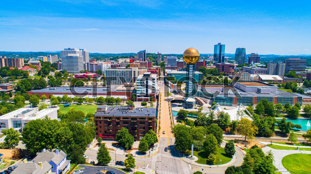 Aerial view of Knoxville Tennessee under blue skies