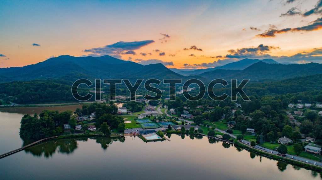 Aerial view of sunset at Lake Junaluska, NC with Smoky Mountains