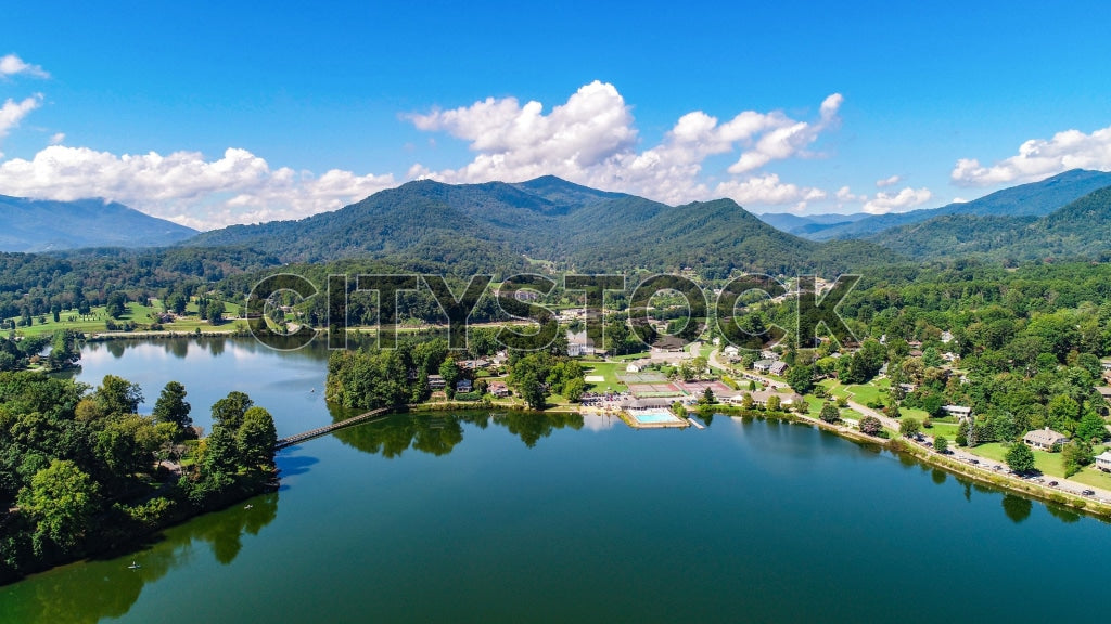 Aerial view of Lake Junaluska in Waynesville against mountain backdrop