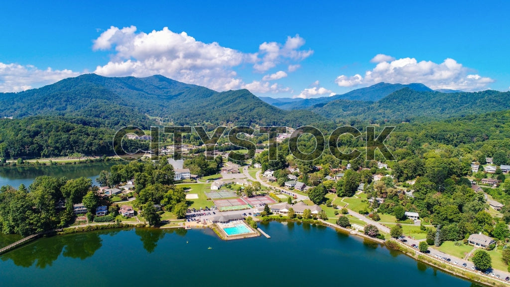Aerial view of Lake Junaluska with mountains in North Carolina