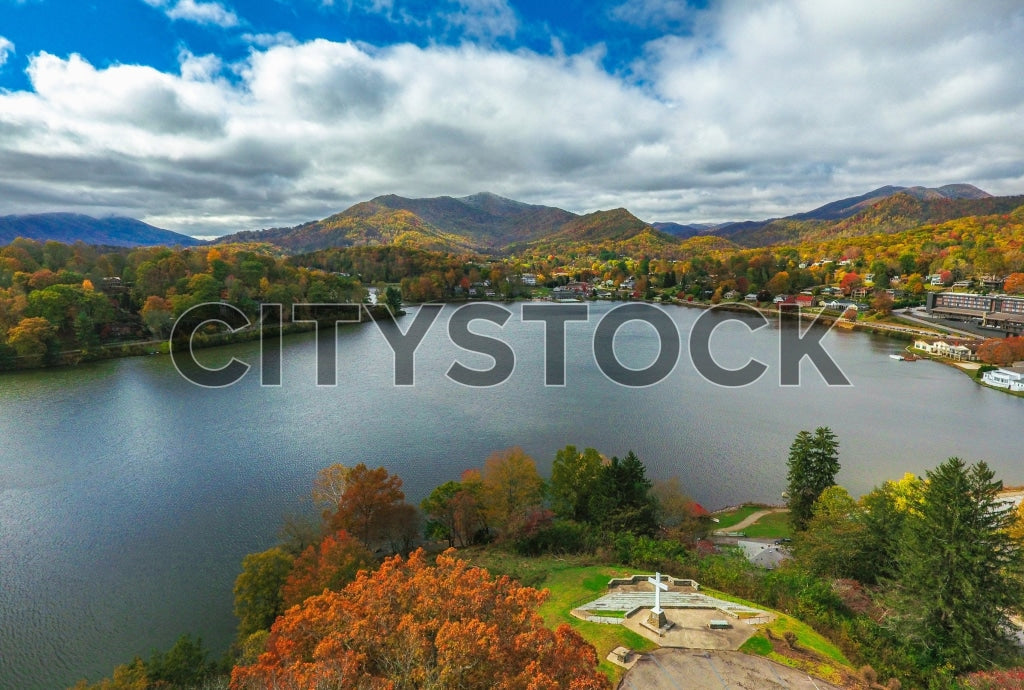 Aerial view of Lake Junaluska, NC showing autumn colors and mountain backdrop