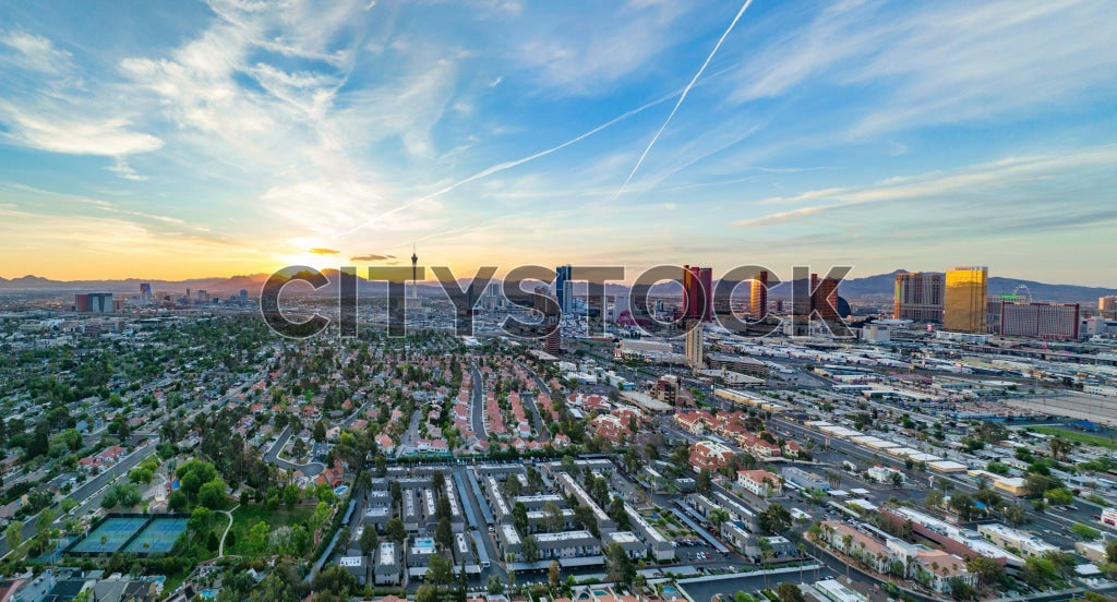 Aerial view of Las Vegas skyline at sunset with colorful skies