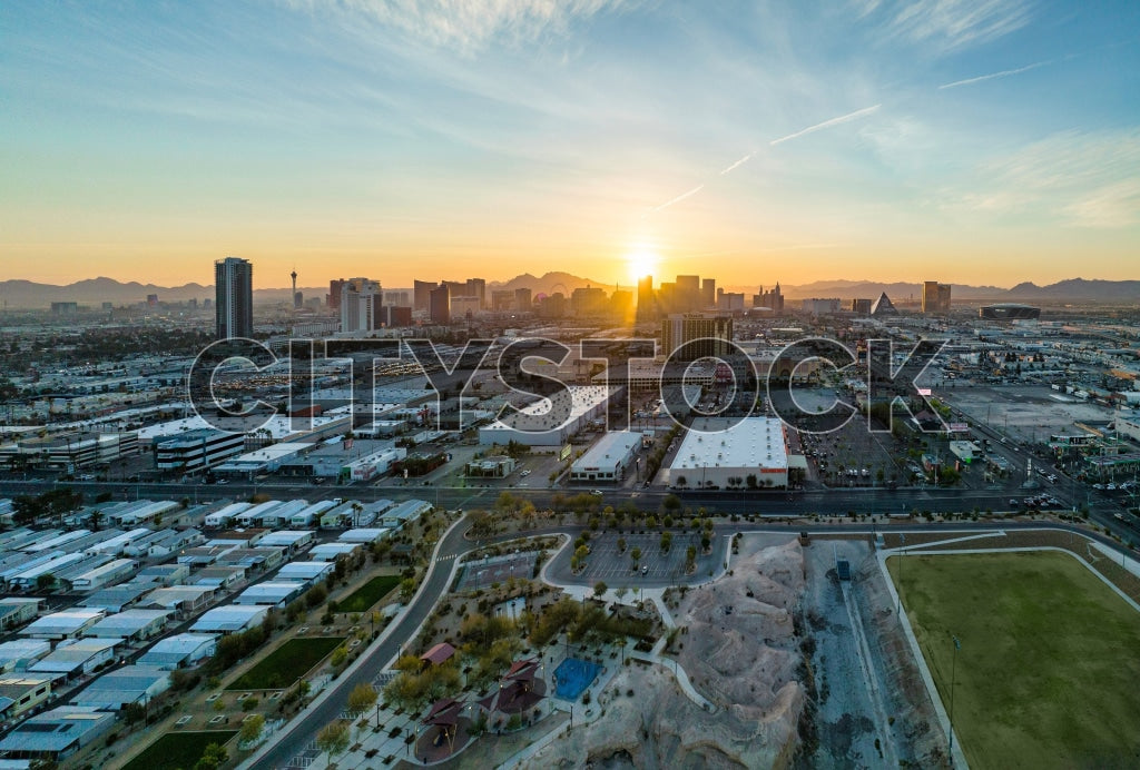 Aerial view of Las Vegas at sunrise, showcasing cityscape and skyline