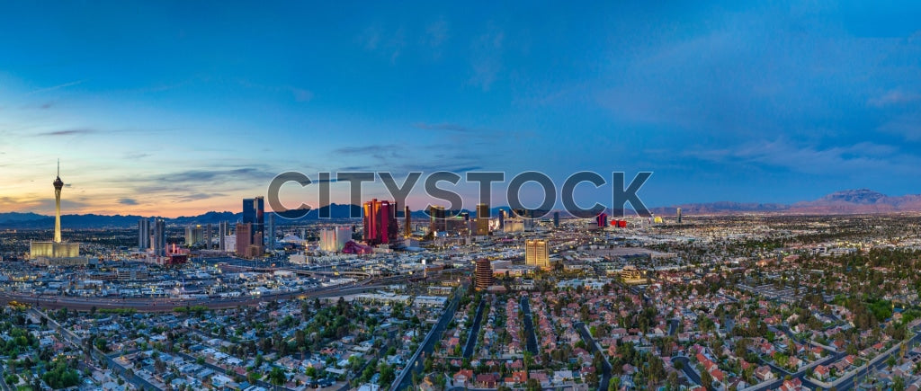 Aerial sunset view of Las Vegas skyline with prominent buildings