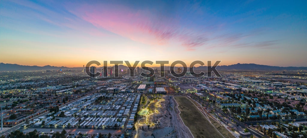 Aerial view of Las Vegas skyline under sunset colors