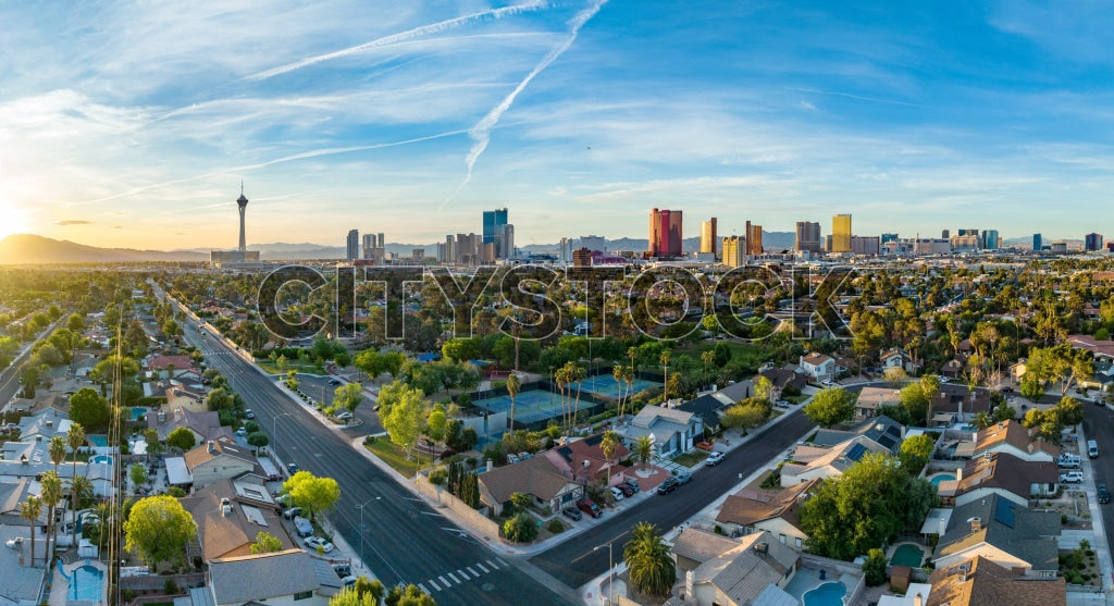 Aerial view of Las Vegas skyline with Stratosphere Tower at sunrise