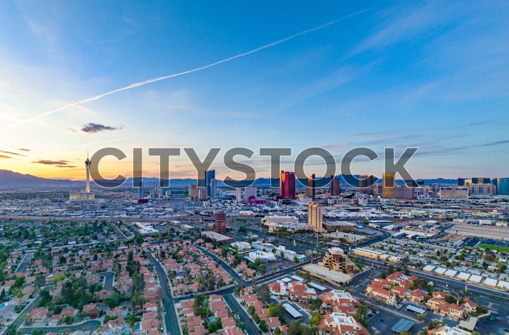 Aerial view of Las Vegas skyline at sunset with city lights