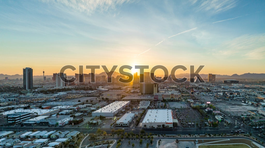 Aerial sunrise view of Las Vegas skyline with glowing morning skies