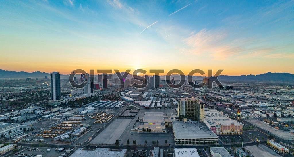 Aerial sunrise view of Las Vegas showcasing city and mountains