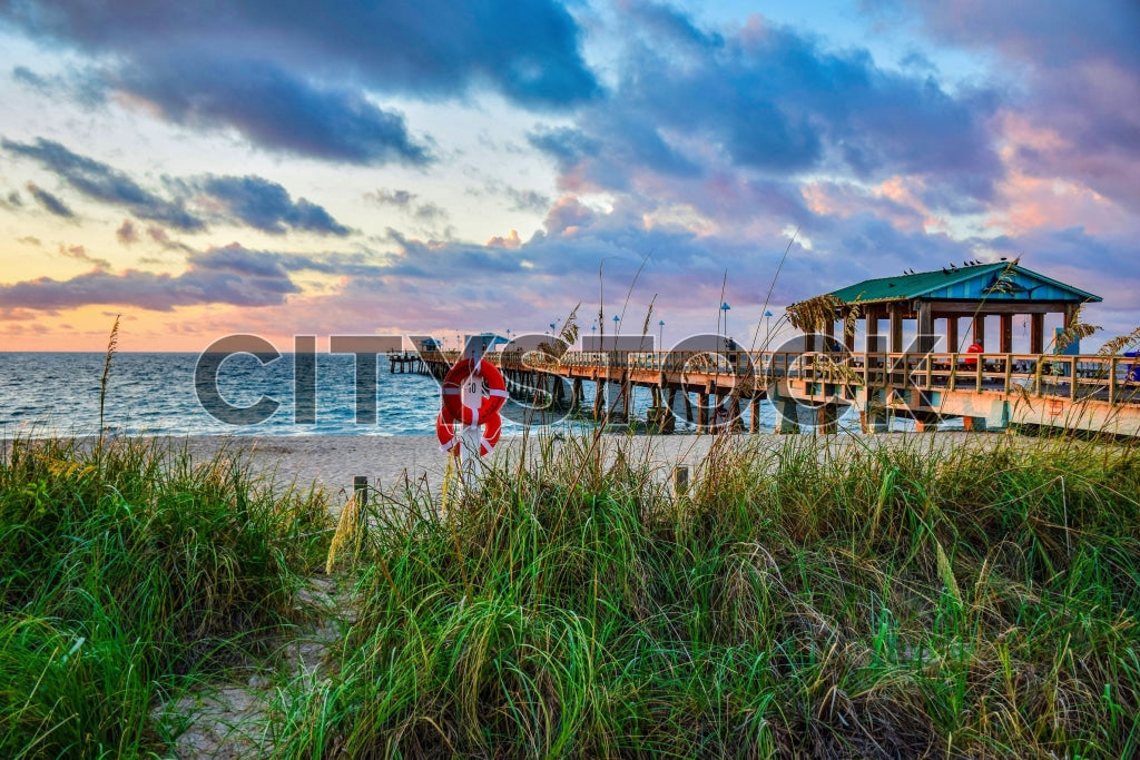 Sunrise view, Lauderdale-by-the-Sea pier, ocean, and seaside pavilion