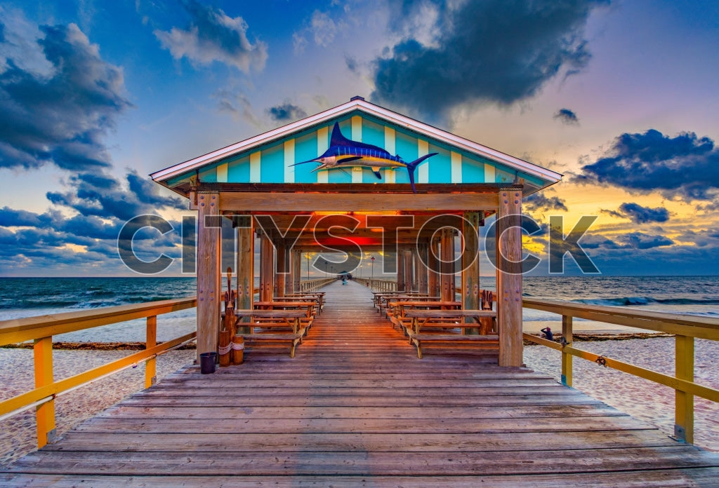 Colorful sunset view at rustic pier, Lauderdale by the Sea, Florida