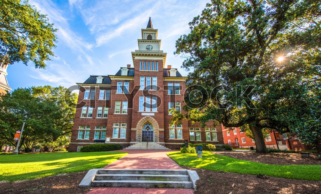 Historic university building in Macon, GA with clock tower