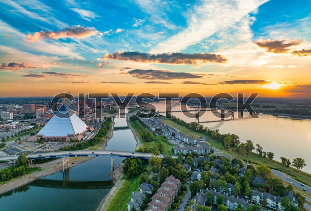 Aerial view of Memphis Pyramid and Mississippi River at sunrise
