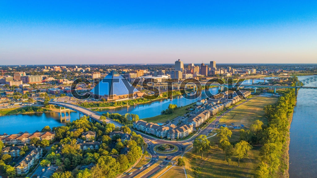 Aerial view of Memphis, TN skyline and Mississippi River at sunrise