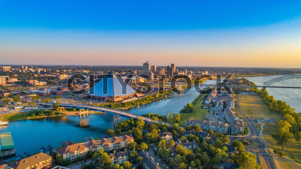 Aerial view of Memphis skyline and Mississippi River at sunrise