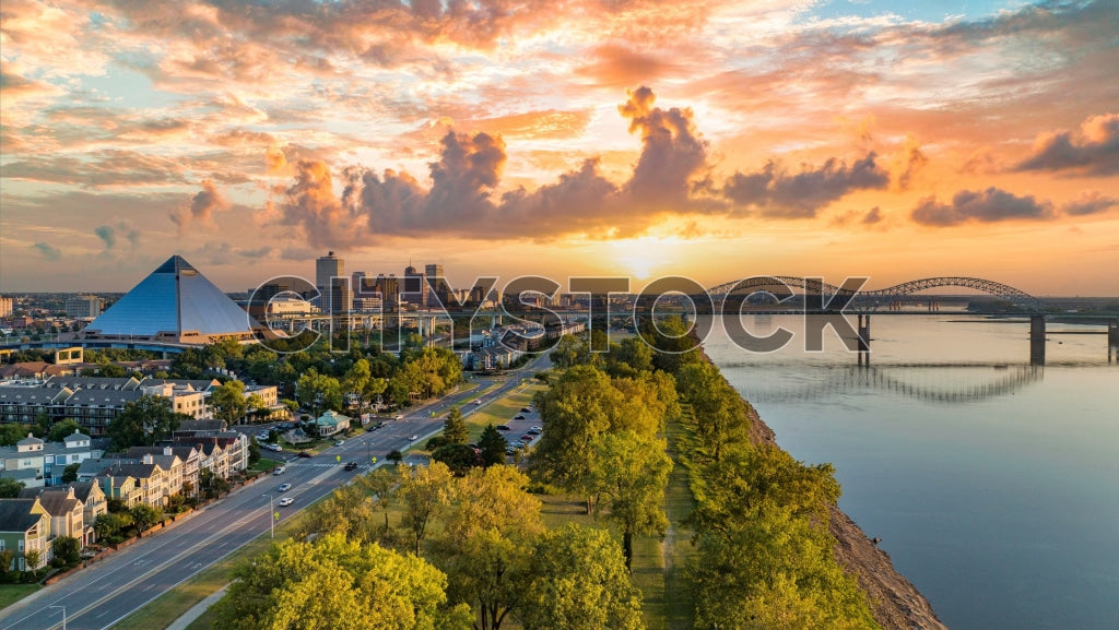 Aerial view of Memphis skyline and Mississippi River at sunrise