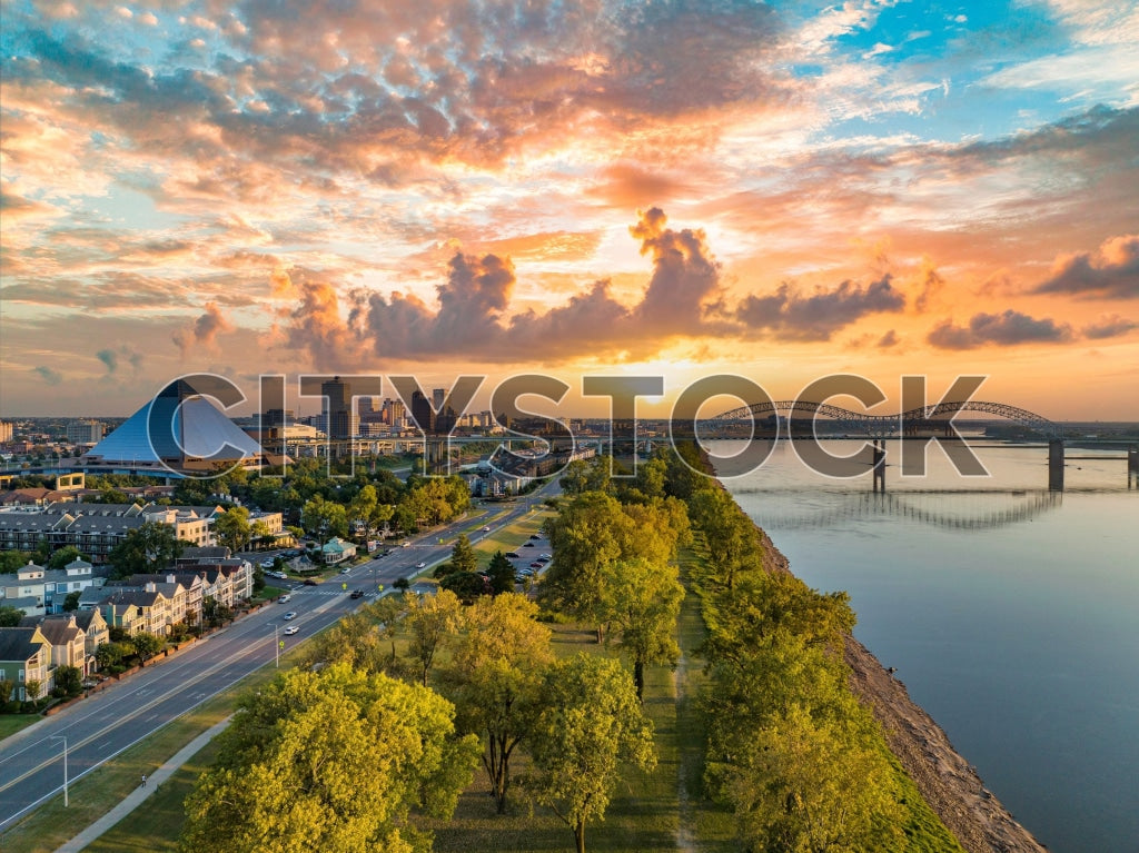 Aerial sunset view of Memphis skyline with Mississippi River