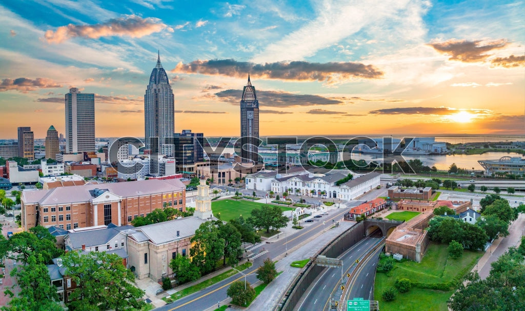 Aerial view of Mobile Alabama skyline at sunset