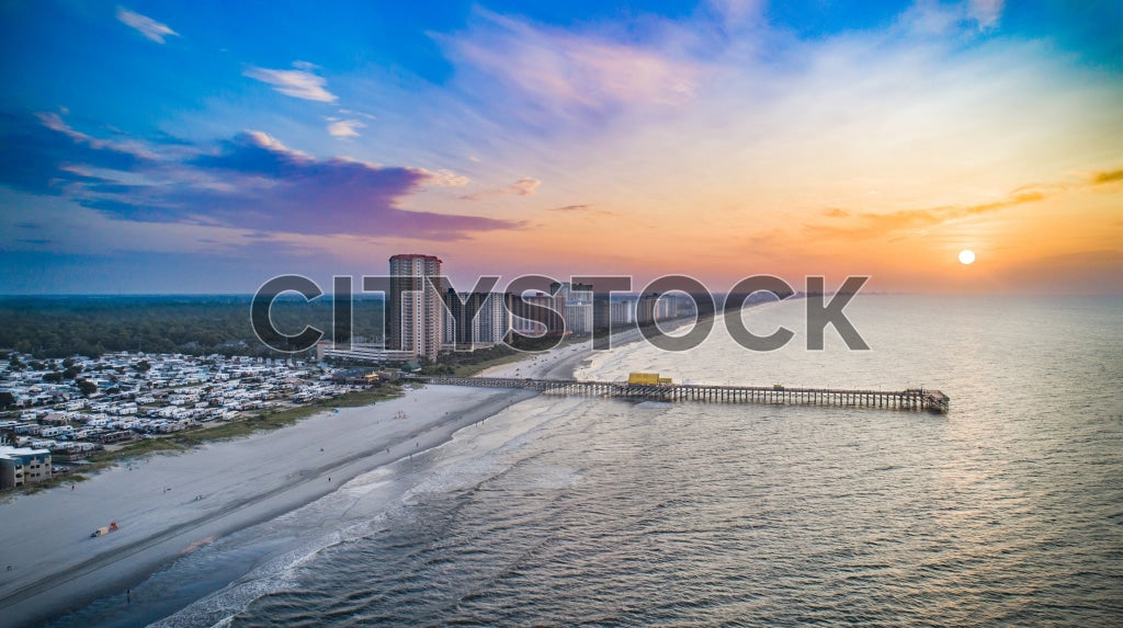 Aerial view of sunrise at Myrtle Beach with beach and pier