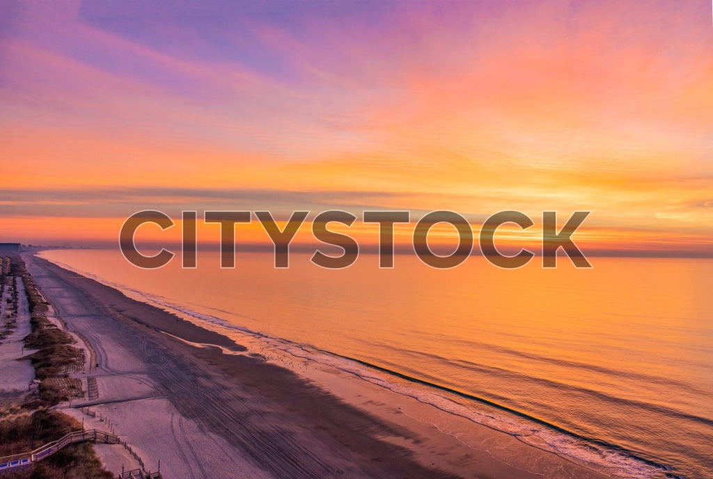 Aerial view of Myrtle Beach sunrise, colorful sky and ocean