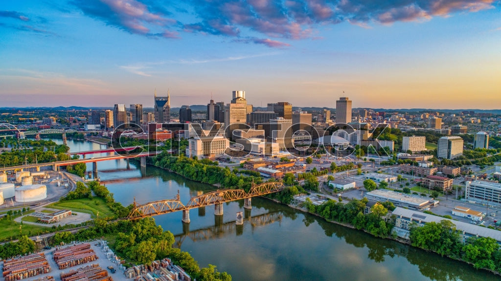 Aerial sunset view of Nashville cityscape and Cumberland River