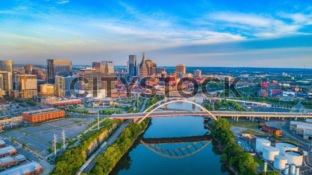 Aerial view of Nashville skyline and Cumberland River at sunset