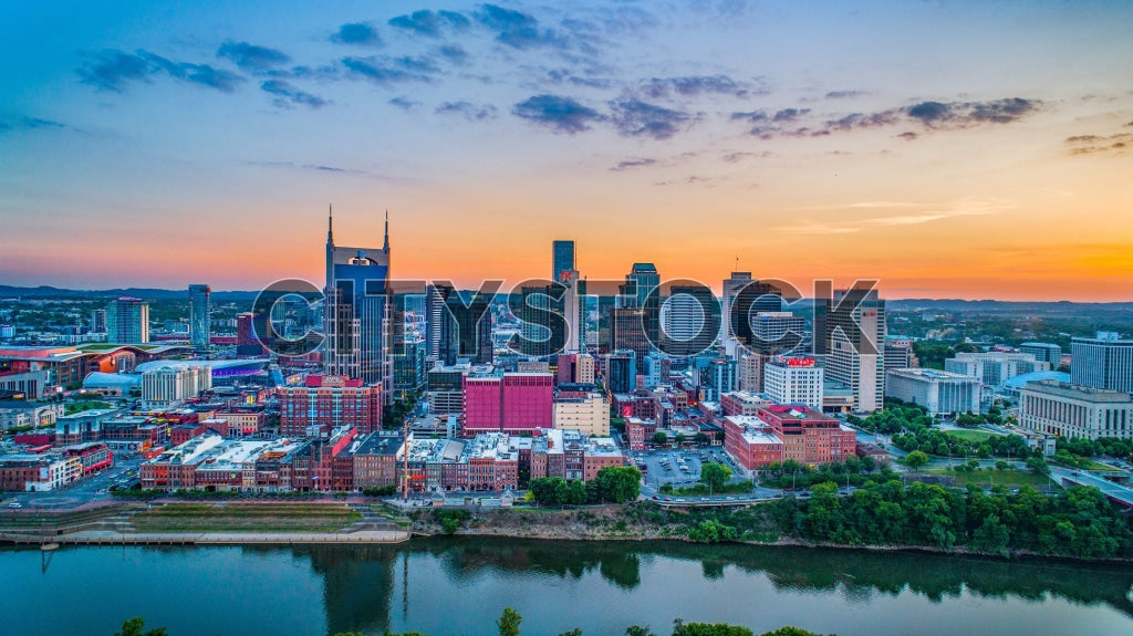 Aerial sunrise view of downtown Nashville, Tennessee