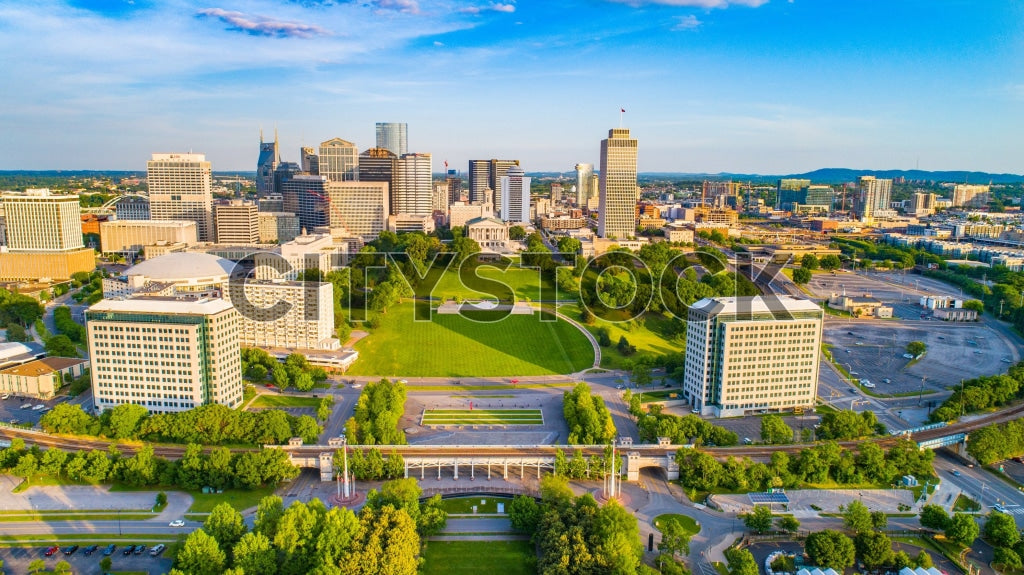 Aerial view of Nashville skyline with sunset and clear skies
