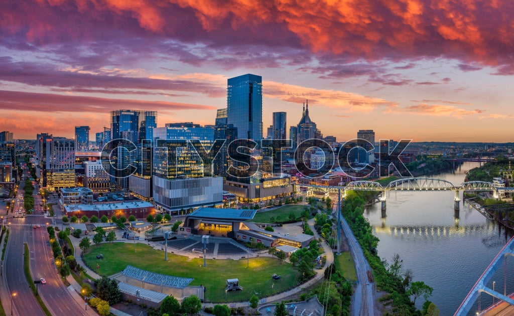 Vibrant sunset over Nashville skyline and the Cumberland River