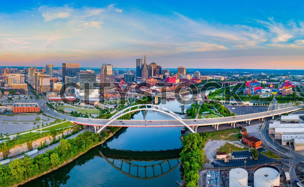 Aerial view of Nashville skyline and river at sunset