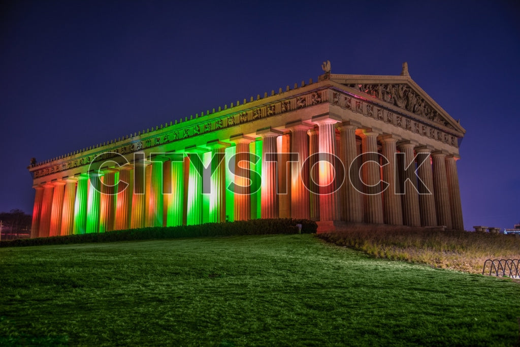Nashville Parthenon illuminated in rainbow colors at night