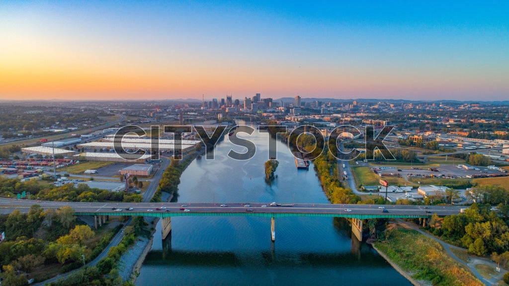 Aerial view of Nashville skyline and Cumberland River at sunrise