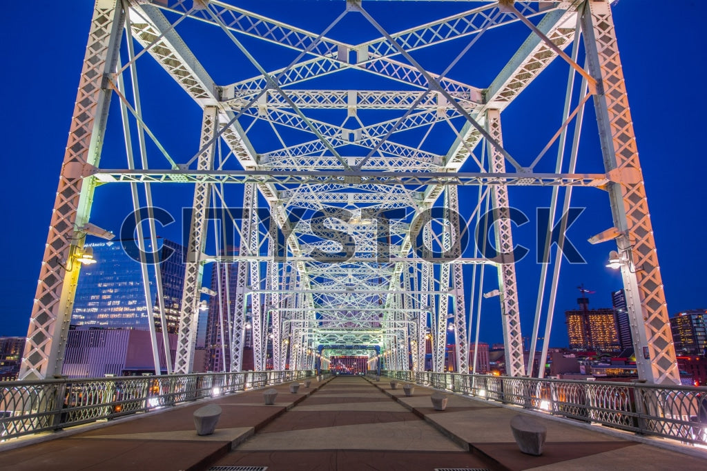 Twilight cityscape of Nashville with illuminated bridge and buildings