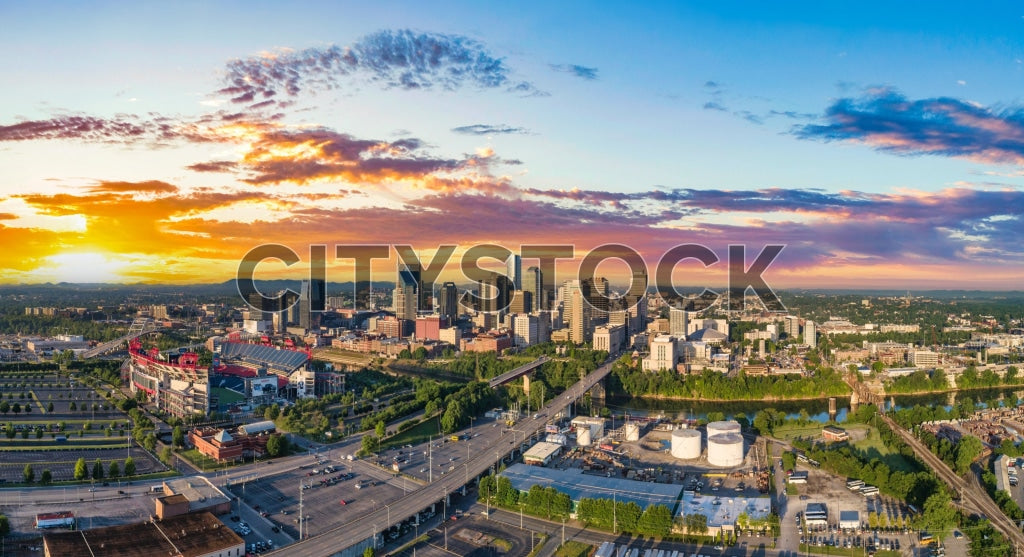 Aerial view of Nashville skyline at sunrise, Tennessee