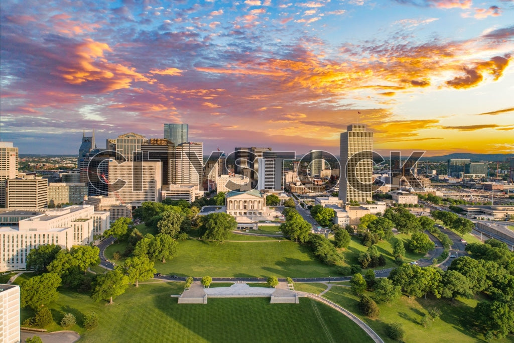 Sunset over Nashville skyline aerial cityscape view