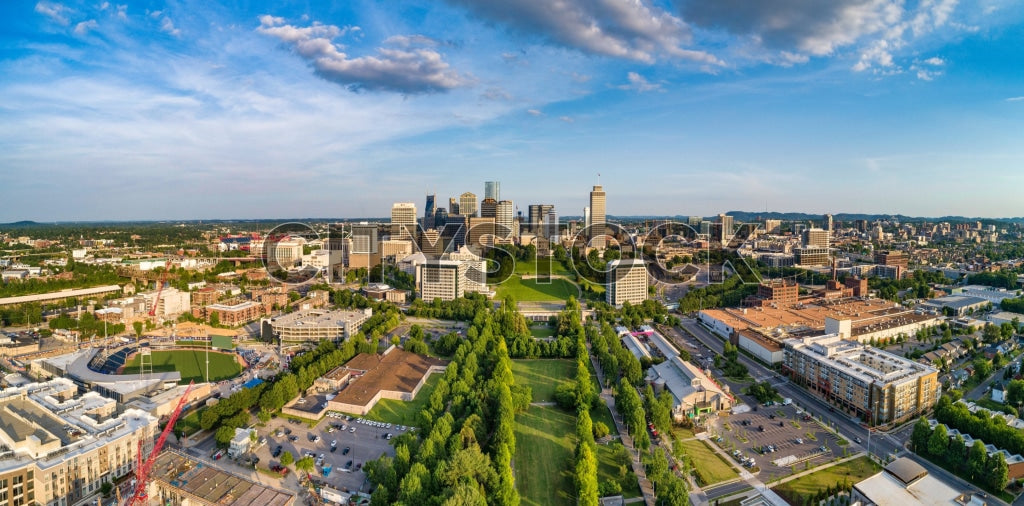 Aerial view of Nashville skyline and parks at sunrise