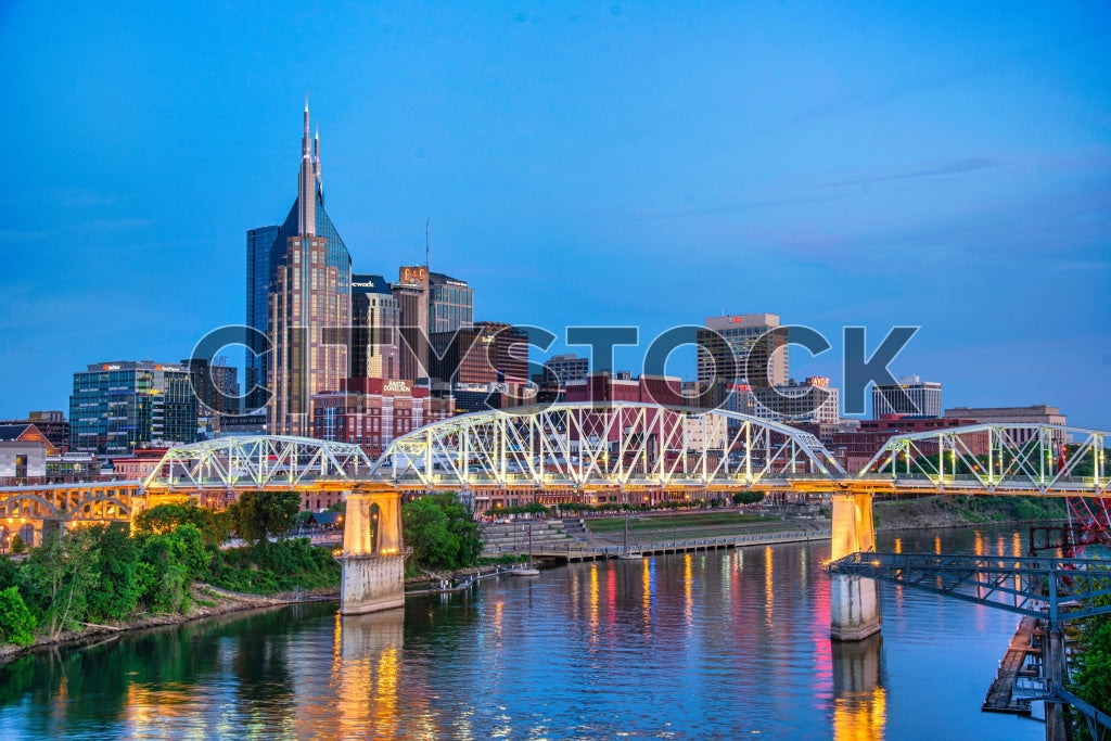 Evening view of Nashville skyline and Cumberland River