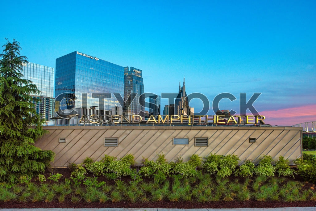 Nashville skyline with Ascend Amphitheater and Bank of America at sunset